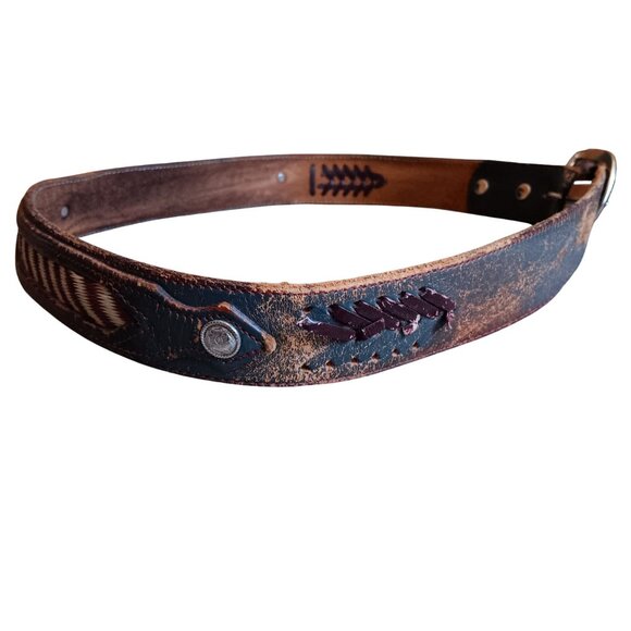 sz 34 35 36 Vintage Cowboy Belt Leather Belt Embroidered Details 1980's Distress - Picture 1 of 7